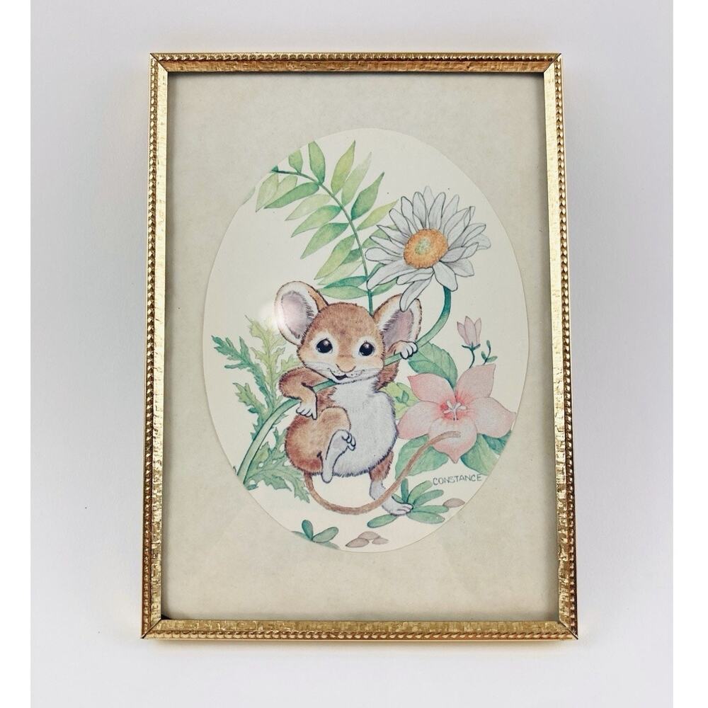 House Mouse 1980 picture mice Flower White Pink Framed Signed Vintage Constance